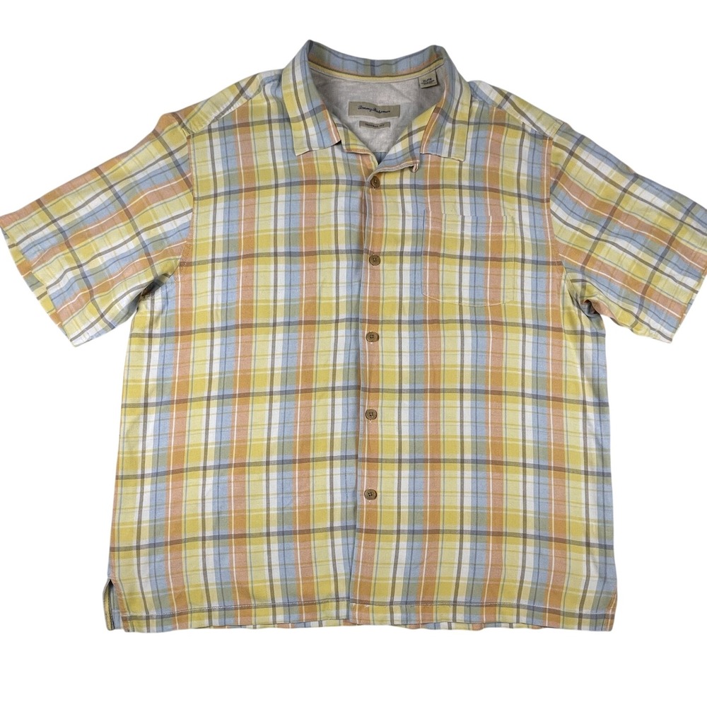Tommy Bahama Shirt Mens XL Yellow Plaid Silk Original Fit Short Sleeve Camp